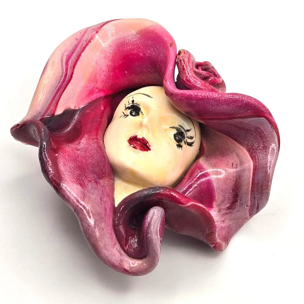 Handmade Lady Face Clay Brooch Pink Purple Marbled Hat Rose Art Deco Style